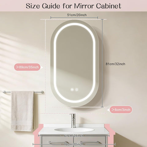Janboe Oval Mirror Cabinet with Light,LED Mirror Cabinet,USB Shaver Socket,Internal Light,Steel with Powder Coating,Soft Closing Hinge,51cm×81cm,White