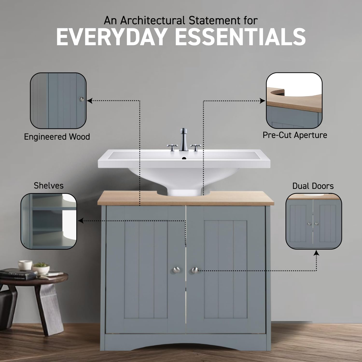 Timber Art Design UK Bathroom Sink Cabinet Bathroom Storage Cabinet Floor Under Basin with 2 Internal Shelves Freestanding Vanity Storage Cupboard