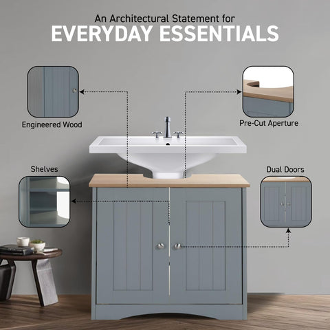 Timber Art Design UK Bathroom Sink Cabinet Bathroom Storage Cabinet Floor Under Basin with 2 Internal Shelves Freestanding Vanity Storage Cupboard