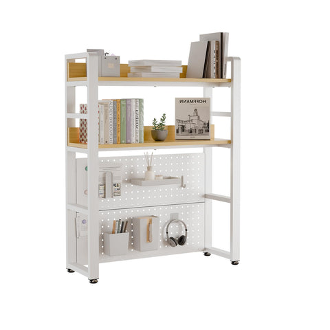 Boltmol 2-Tier Desk Shelf With Concealed Screws Design,Beige 75CM, Desktop Organizer With Pegboard, Countertop Storage Bookcase For Home