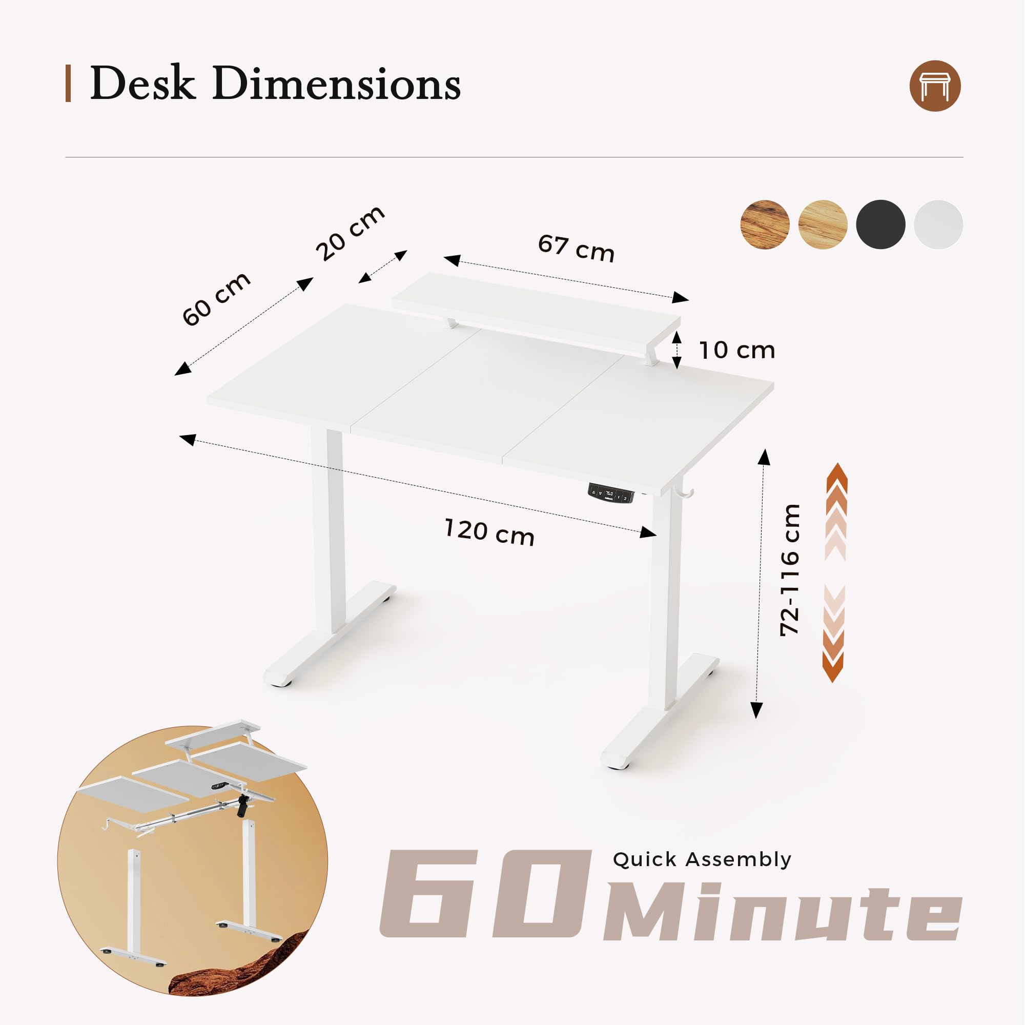 Klicelor Eletric Height Adjustable Desk, Movable Monitorstand, 120x60cm