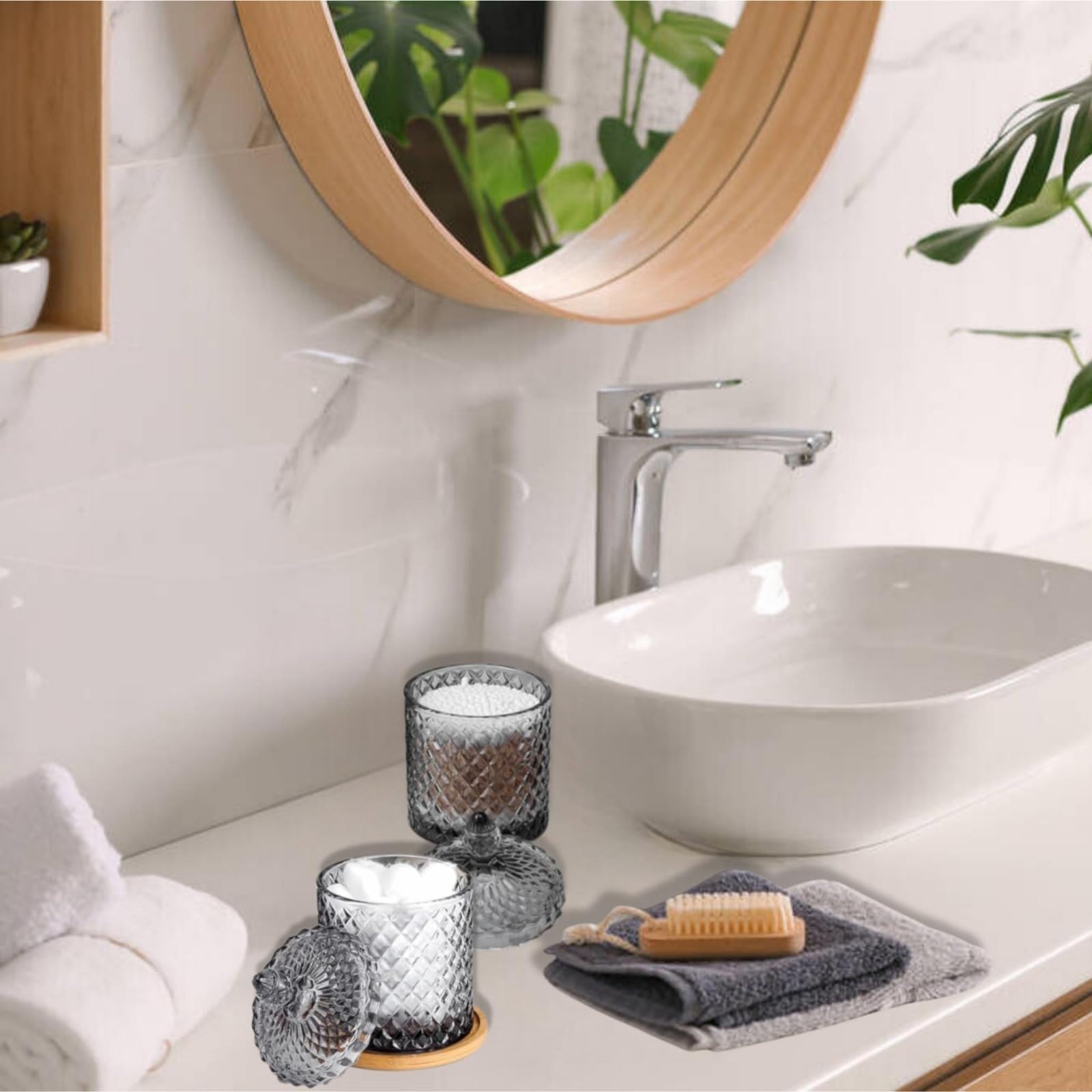 HANFCO® 2Pcs 10oz Glass Cotton Bud Holder Dispenser Cotton Pad Holder Grey Jars With Lid Bathroom Accessory Makeup Vanity Cotton Balls Wool Swab Pads