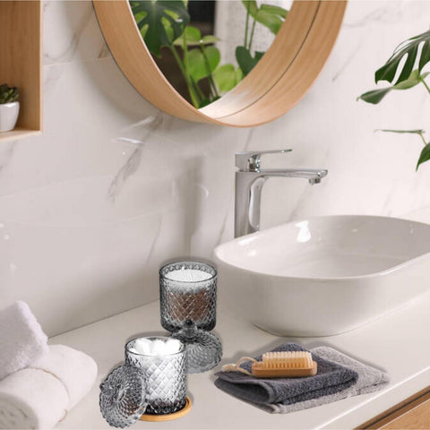 HANFCO® 2Pcs 10oz Glass Cotton Bud Holder Dispenser Cotton Pad Holder Grey Jars With Lid Bathroom Accessory Makeup Vanity Cotton Balls Wool Swab Pads