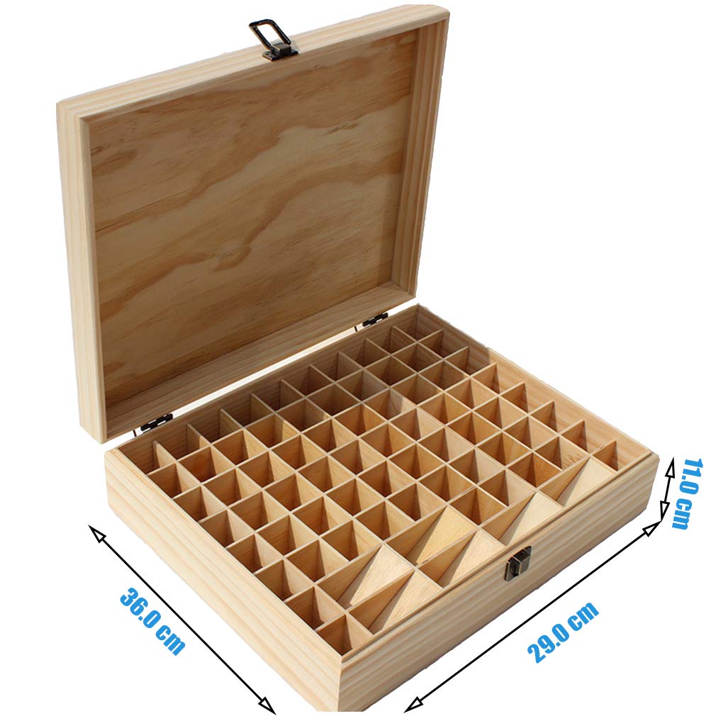 74 Slots Wooden Essential Oil Organizer Hard Pine Wood Carrying Box - Ideal Aromatherapy Travel Storage Case Display Presentations Containers Box