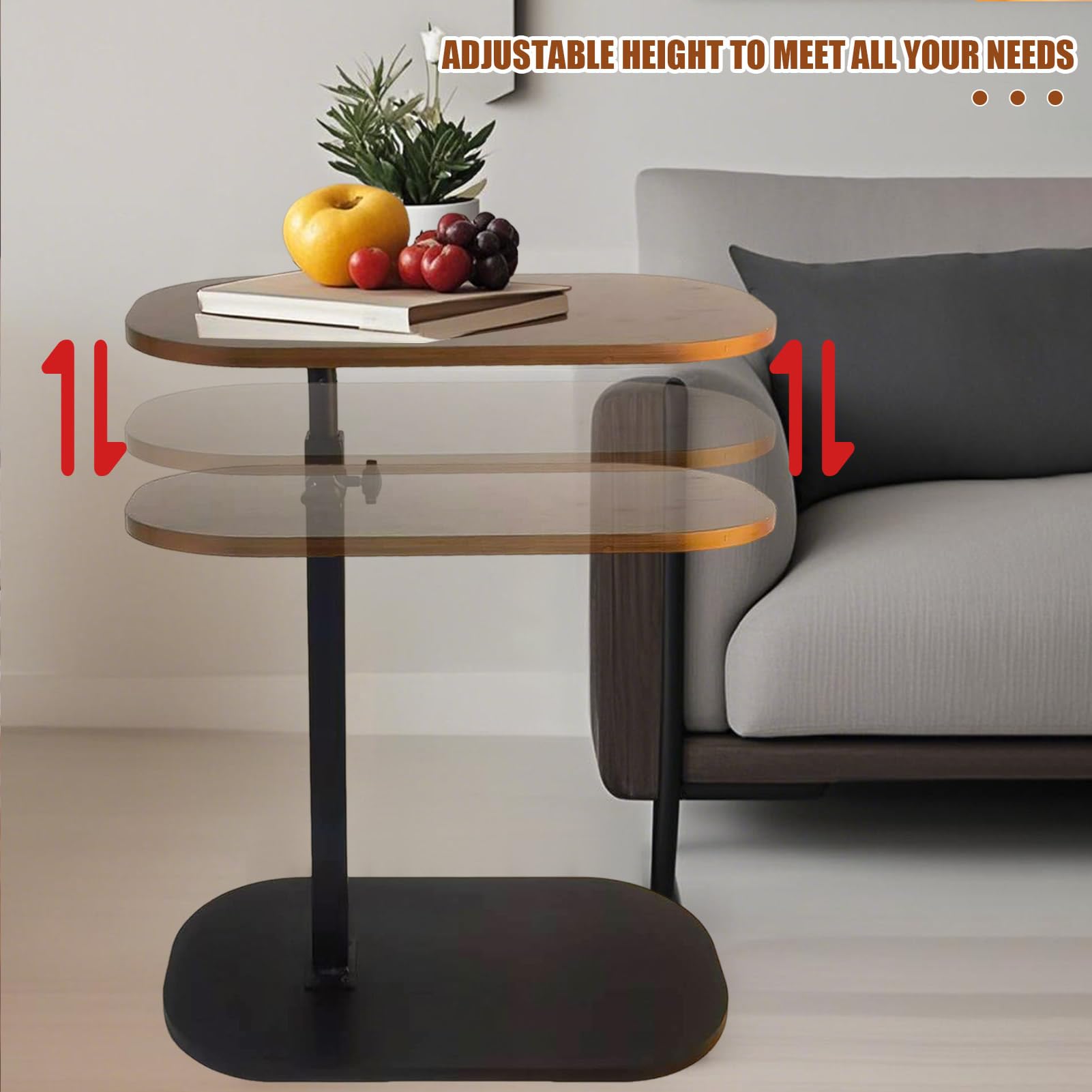 YASHIIN C Shaped Side Table,Adjustable Height, TV Tray Rotating Sofa End Table, Walnut Wood Modern Design, for Living Room and Bedroom