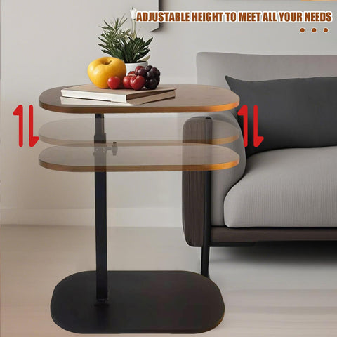 YASHIIN C Shaped Side Table,Adjustable Height, TV Tray Rotating Sofa End Table, Walnut Wood Modern Design, for Living Room and Bedroom