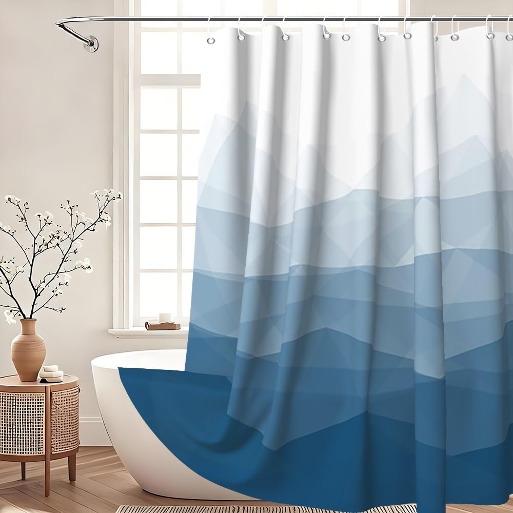 Xiaoterna Modern Concise Blue Shower Curtain Abstract Contemporary Aesthetics Waterproof Bathroom Curtain 3D Shadow White Geometric Lines Washable
