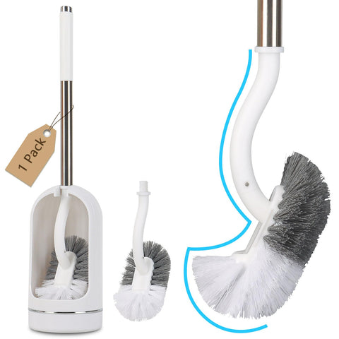 Toilet Brush, Toilet Brushes with Holders, Curved Toilet Brush with Edge Cleaner, Stainless Steel & Plastic Handle, Loo Brush Replacement Heads