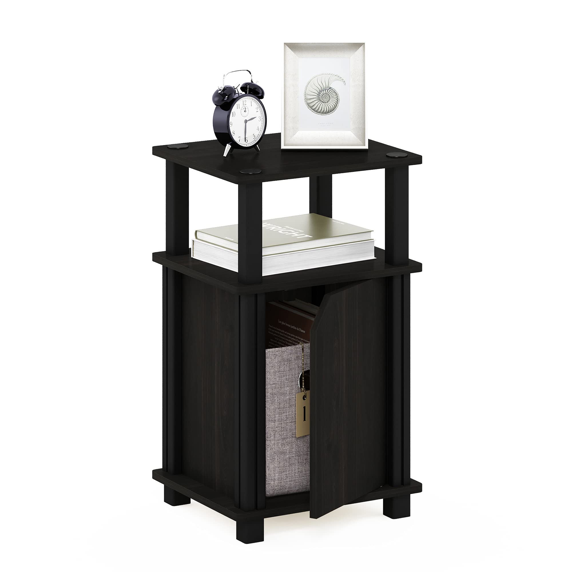 Furinno JUST Side Table, 3-Tier End Table with Door Cabinet, Night Stand, Bedside Table with Open Shelf, for Living Room, Bedroom, Espresso