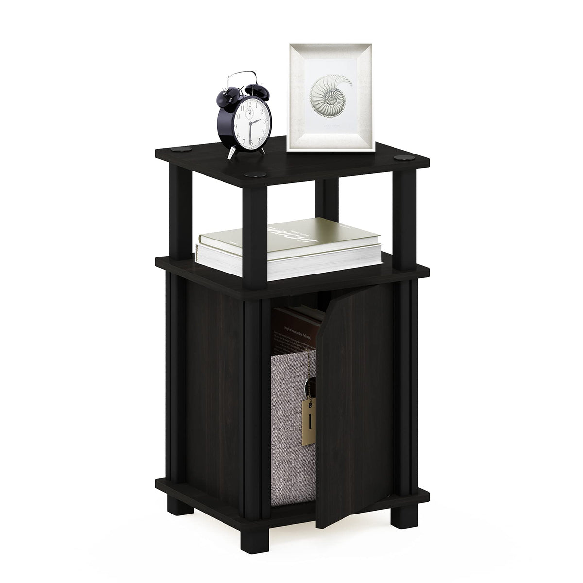 Furinno JUST Side Table, 3-Tier End Table with Door Cabinet, Night Stand, Bedside Table with Open Shelf, for Living Room, Bedroom, Espresso