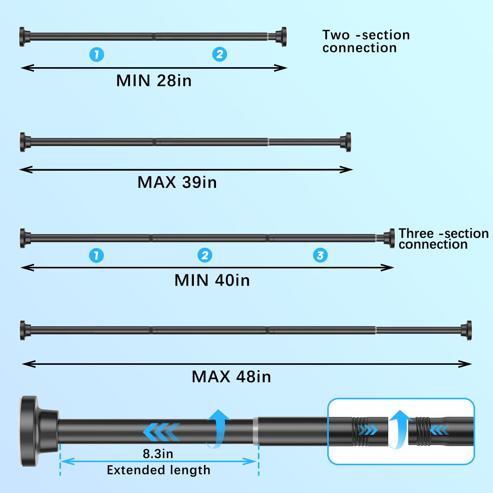 AIZESI Small Shower Pole,Tension Rods 70 To 130 Cm, 1” Diameter Spring Tension Curtain Rod, Tension Rods For Curtains, Extendable Tension Pole
