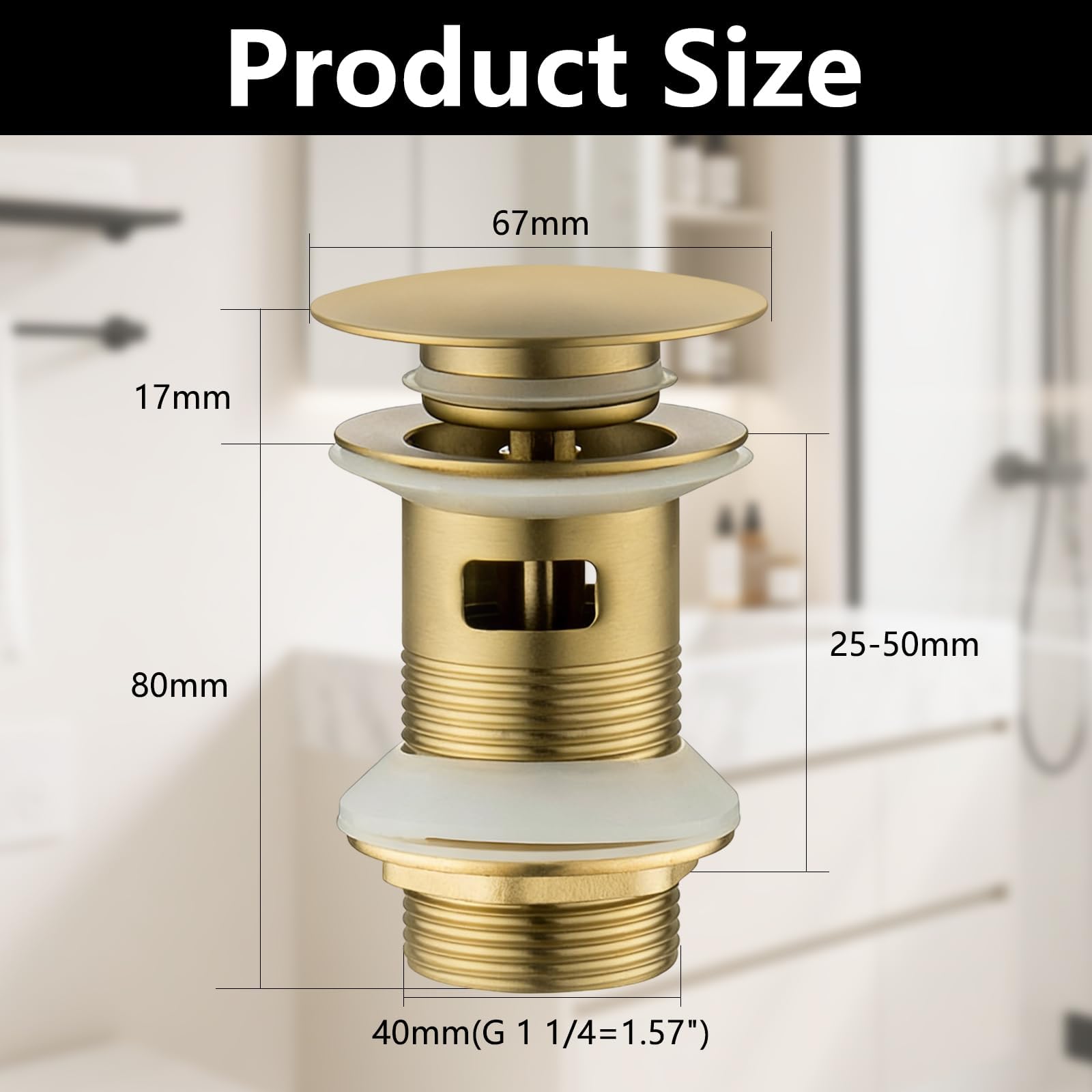 NIYATA Brushed Gold Pop Up Basin Waste with Overflow, 1 1/4" Click Clack Sink Plug for Bathroom, Slotted Push Button Waste for Vessel Sinks
