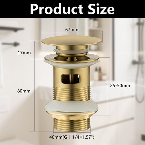NIYATA Brushed Gold Pop Up Basin Waste with Overflow, 1 1/4" Click Clack Sink Plug for Bathroom, Slotted Push Button Waste for Vessel Sinks