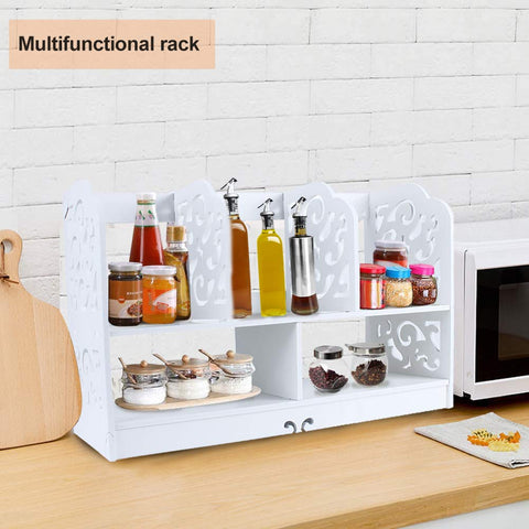 2 Tier Desktop Bookshelf, White, Wooden Storage Organiser Stand with Carved Patterns, Mini Display Rack for Books and Office Supplies