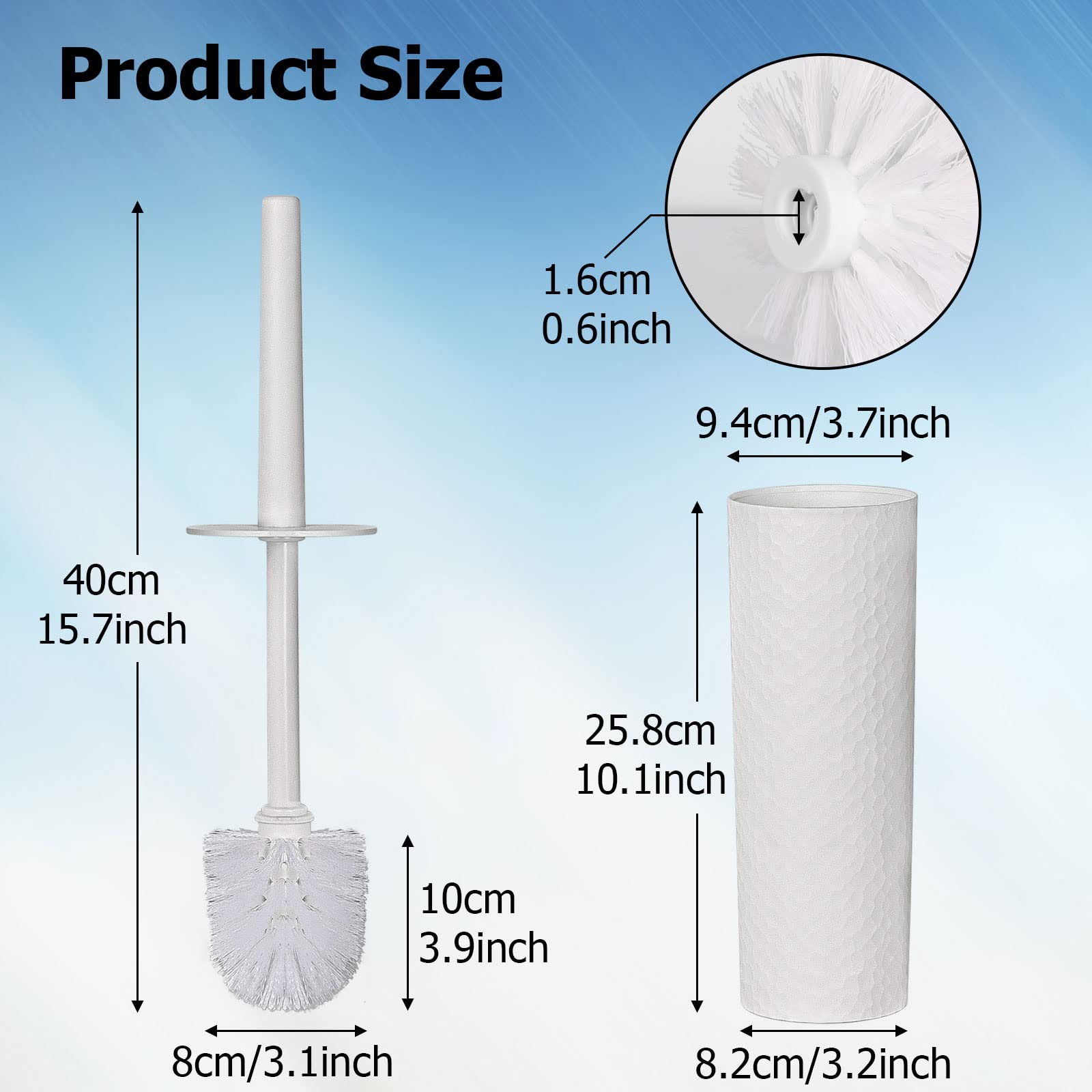 Toilet Brush and Holder Set 2‑Pack, White Plastic Toilet Brushes with 4 Replaceable Brush Heads, Vented Anti‑Drip Base, 360° Soft Dense Bristles