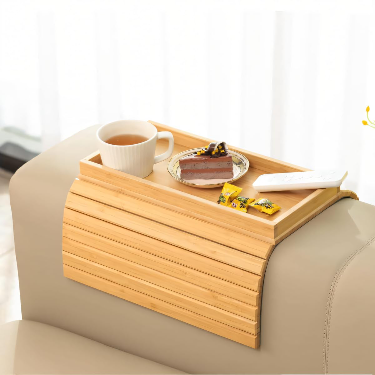 Hovoto Natural Bamboo Sofa Arm Tray, Sofatablett, Sofa Tray Table for Couch, Faltbarer Anti Rutsch Couch Arm Tisch, Sofa Side Table for Snacks
