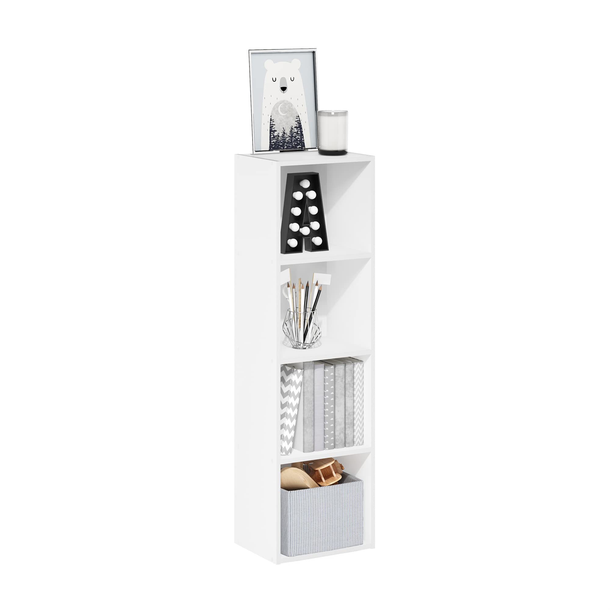 Furinno PASIR Book Shelf, 4-Tier Bookcase, Bookshelf, Open Storage Shelf, 22.9cm x 30.5cm x 106.7cm, for Home Office, Living Room, Plain White