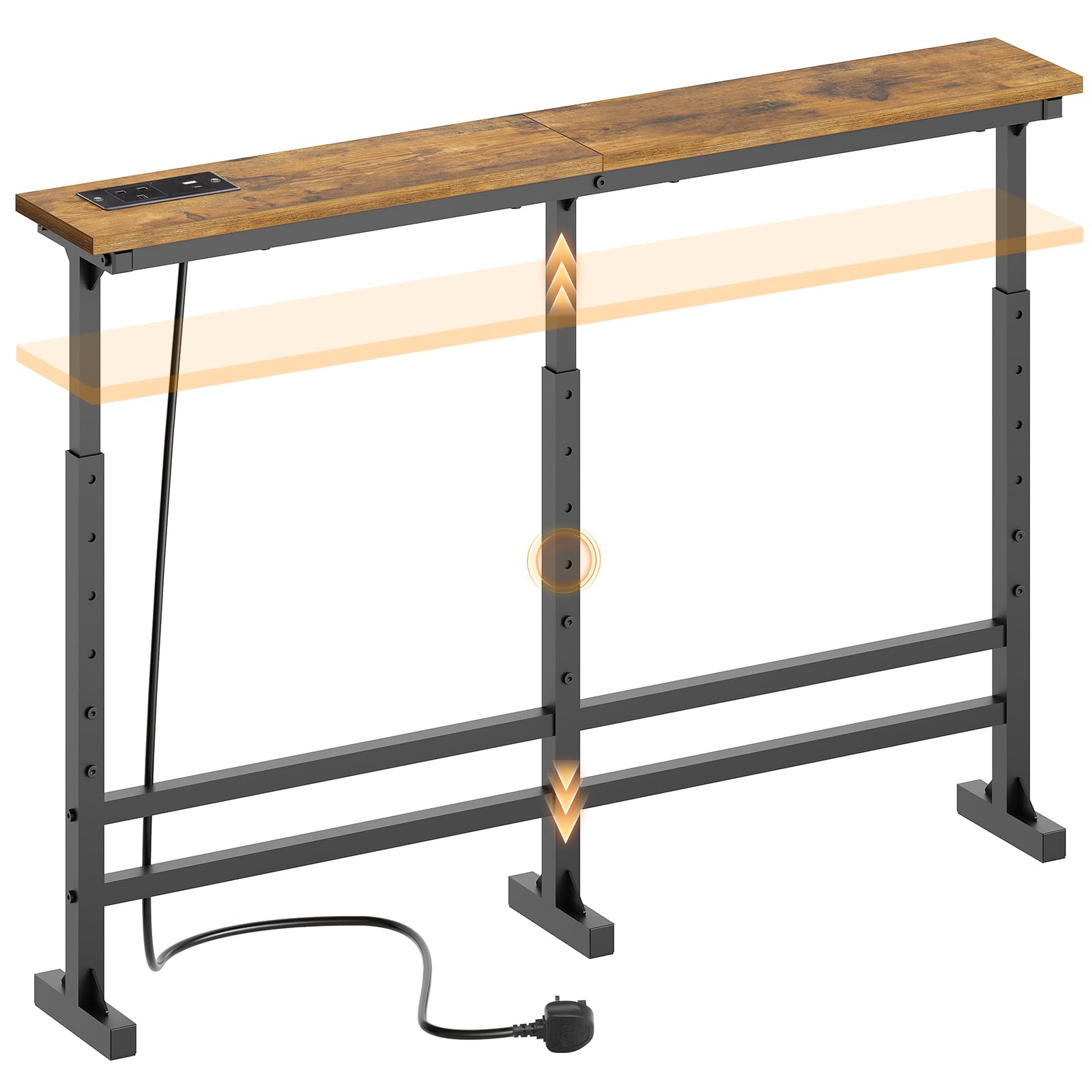 YATINEY 15 cm Slim Console Table, Height-Adjustable Behind Sofa Table, 100 cm Hallway Table, Narrow Long Sofa Table with Power Outlet