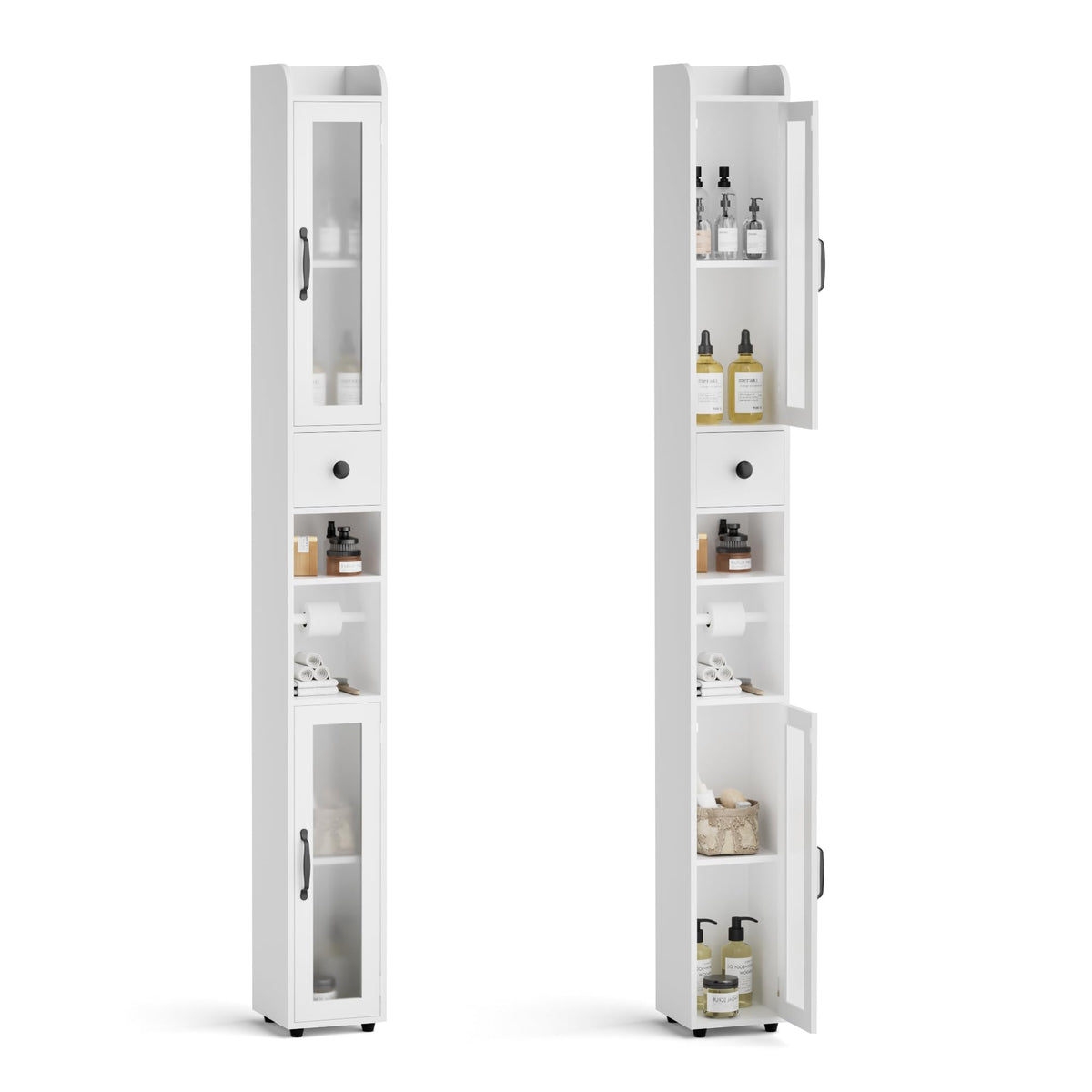 BonVache Tall Bathroom Storage Cabinet, Slim Storage Unit with Adjustable Shelves, Bathroom Shelves Cupboard for Kitchen Hallway Living Room Bedroom