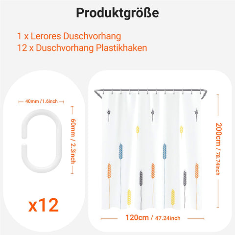Lerores Shower Curtain, 120 x 200 cm, Colourful Wheat Ears, Weighted Hem, Anti-Mould Textile, Water-Repellent