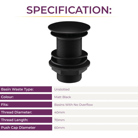 Go Bathrooms Black Basin Waste Unslotted Sink Plug Click Clack Mechanism Pop Up Push Down Design Matt Black Replacement Bathroom Sink Plug For Basins