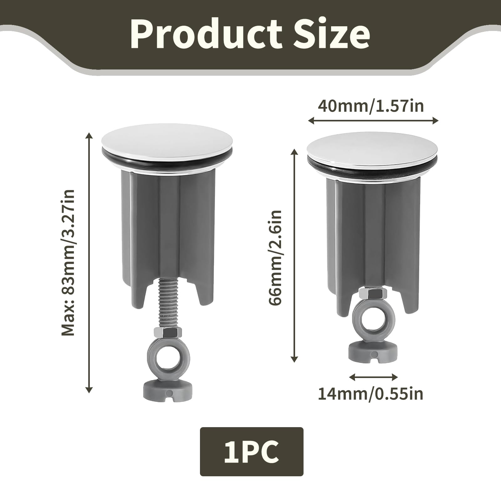40mm Pop Up Sink Plug Replacement, Adjustable Height Sink Drain Plug 67-83mm Universal Bathroom with Chrome Plated Brass, Waterproof Rubber Sealing
