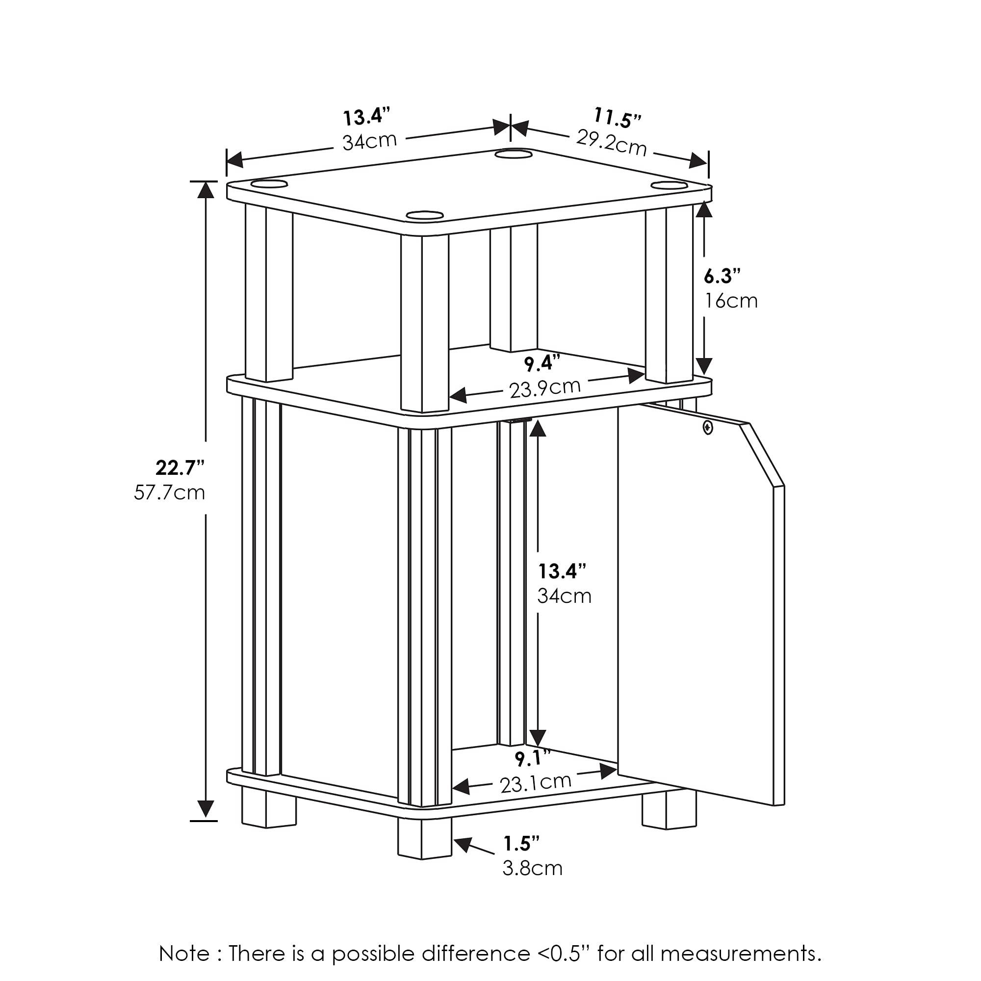 Furinno JUST Side Table Set of 2, 3-Tier End Table with Door Cabinet, Night Stand, Bedside Table with Open Shelf, for Living Room, Bedroom, Espresso