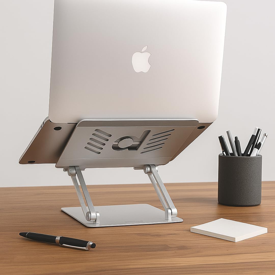 Deflecto Folding Adjustable Height Aluminium Laptop Stand Design' Vented Platform suitable for Laptops up to 17" in Silver