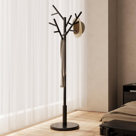 AQIMUELE Coat Stand, Wooden Coat Rack, Freestanding Stand with 12 Hooks, 3 Heights for Clothes, Hats, Bags, Coat Stands for Hallway, Small Space