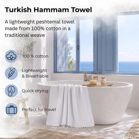 Rosula Studio Turkish Hammam Towel 100% Cotton, White Peshtemal Bath Towel, Large 90 x 200 cm Spa Sauna Towel for Bathroom