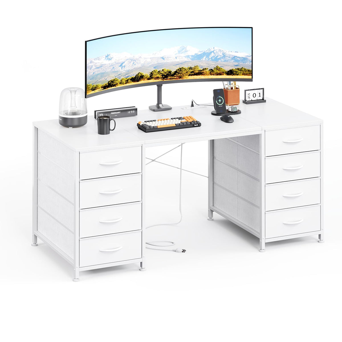 MUTUN 120cm Computer Desk with 8 Drawers, Home Office Desk with Power Outlets, Modern Table with Large Storage for Writing, Study, White