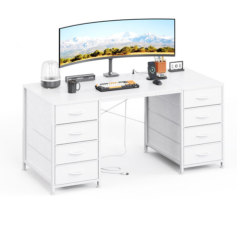 MUTUN 120cm Computer Desk with 8 Drawers, Home Office Desk with Power Outlets, Modern Table with Large Storage for Writing, Study, White