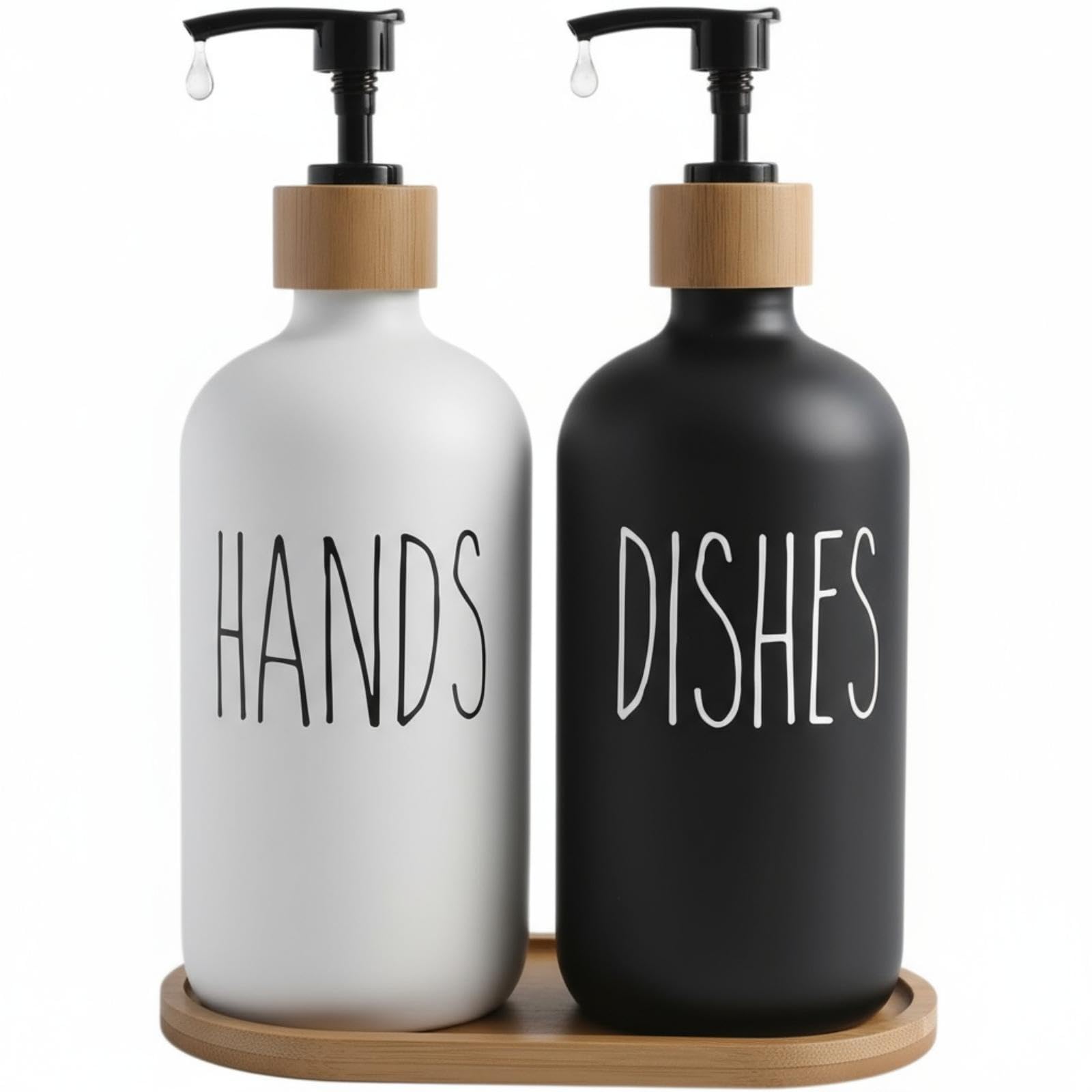 kitchen Soap Dispenser Set, washing up liquid dispenser,Glass Bottle Jar with Bamboo Tray,suitable for Bathroom, Kitchen, Laundry Room