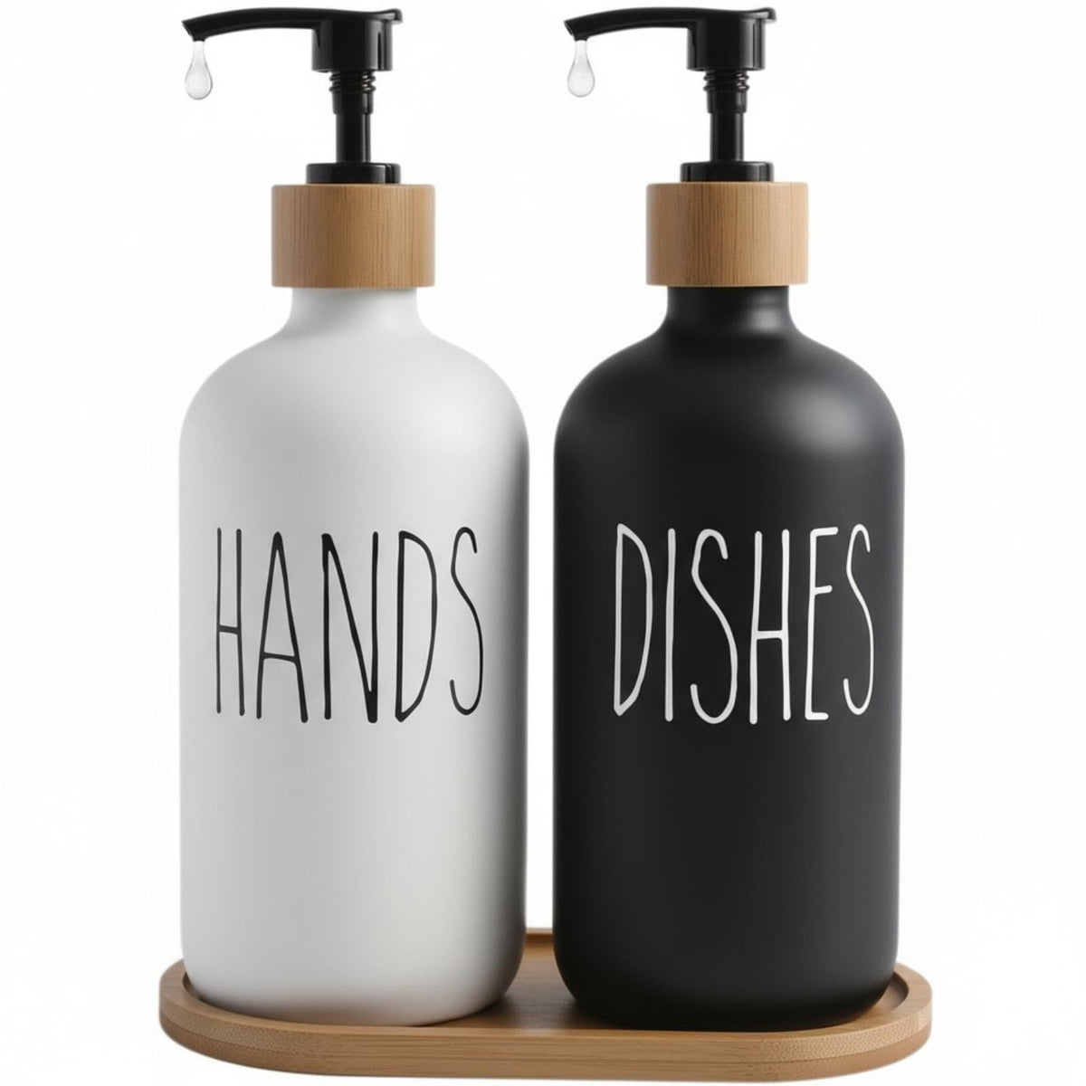 kitchen Soap Dispenser Set, washing up liquid dispenser,Glass Bottle Jar with Bamboo Tray,suitable for Bathroom, Kitchen, Laundry Room