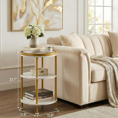 Small Round Side Table, Gold Round End Table with White Shelves, 3-Tier Modern Nightstand for Bedroom & Living Room