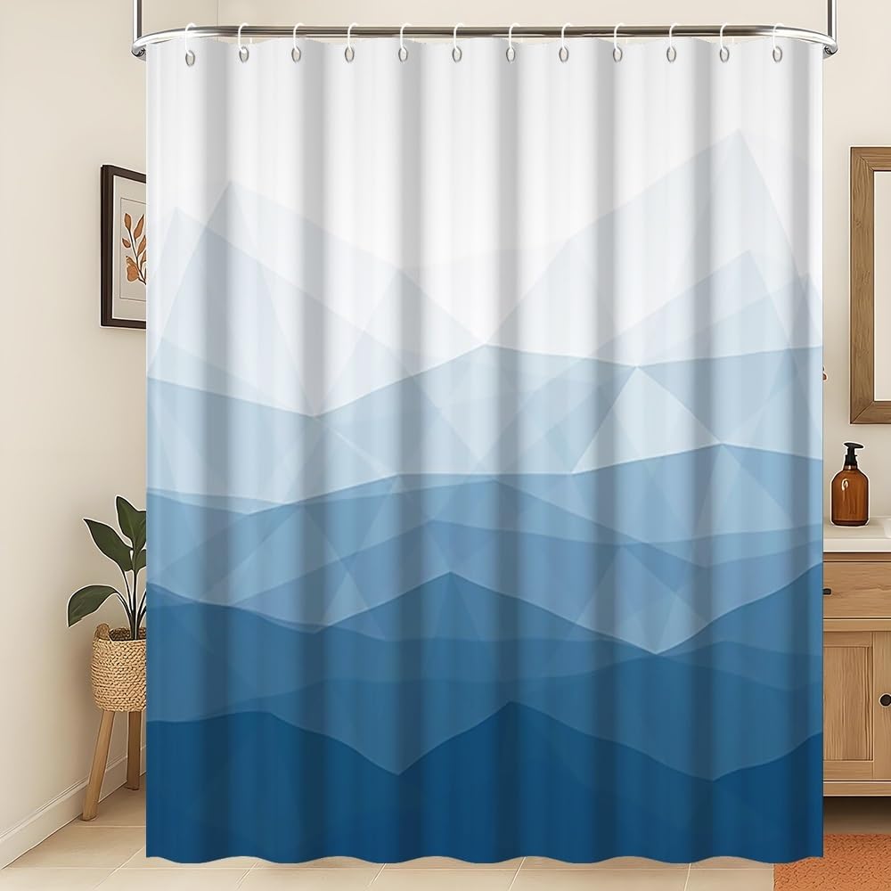 Xiaoterna Modern Concise Blue Shower Curtain Abstract Contemporary Aesthetics Waterproof Bathroom Curtain 3D Shadow White Geometric Lines Washable
