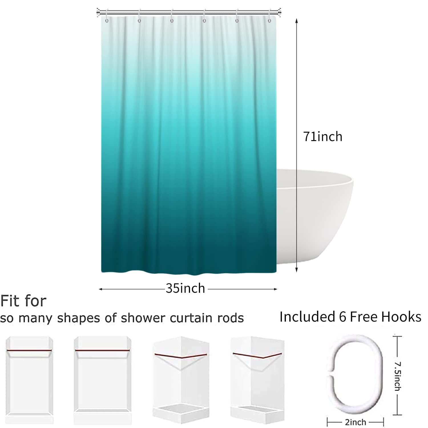 Hnmdmyi Teal Blue Shower Curtain 90x180, Aqua Ocean Abstract Turquoise Ombre Modern Bathroom Curtains with Hooks Waterproof Polyester Fabric Washable