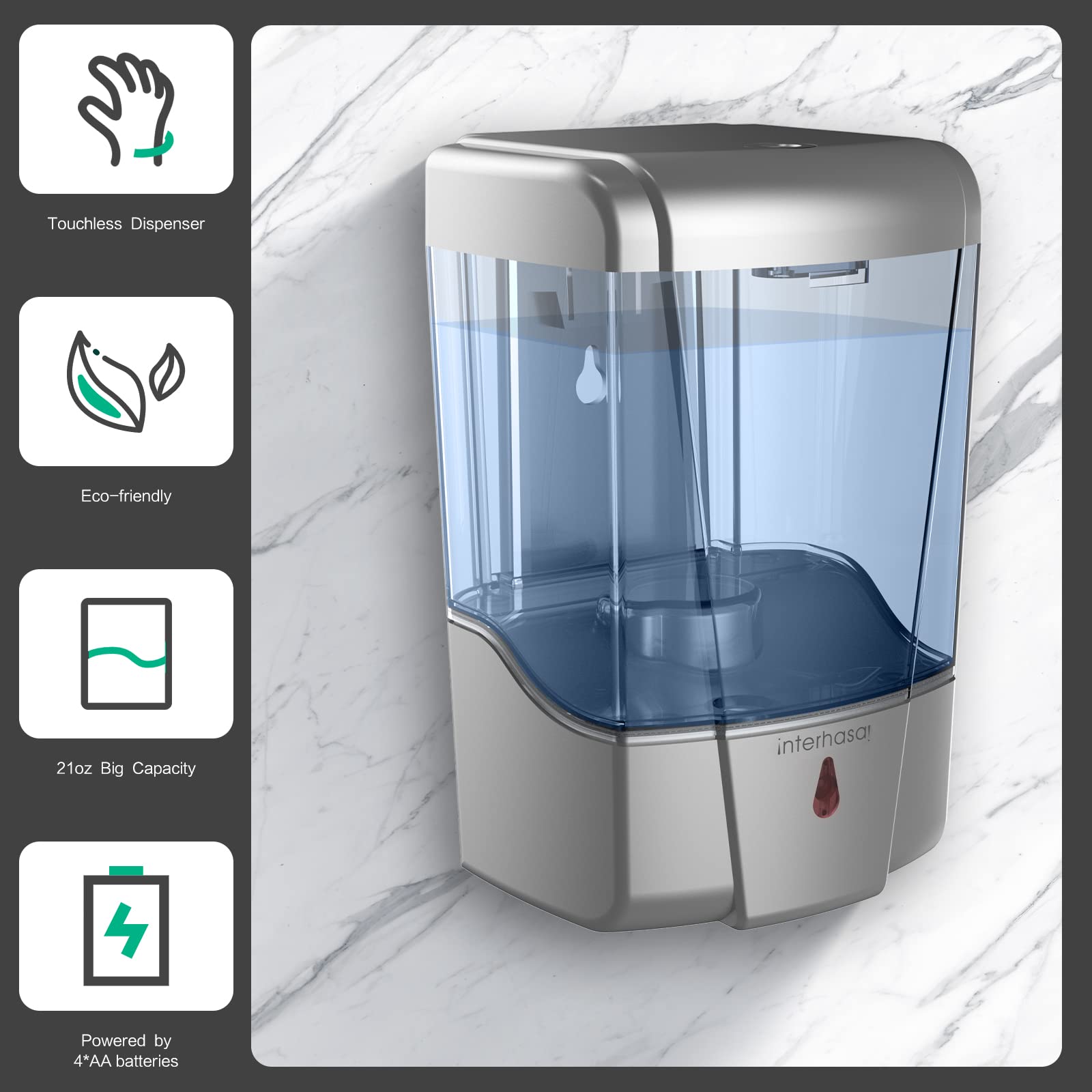 interhas! Automatic Wall Mounted Commercial Hand Sanitizer Dispenser - Liquid/Gel Touchless, 600ml/20oz (Silver)