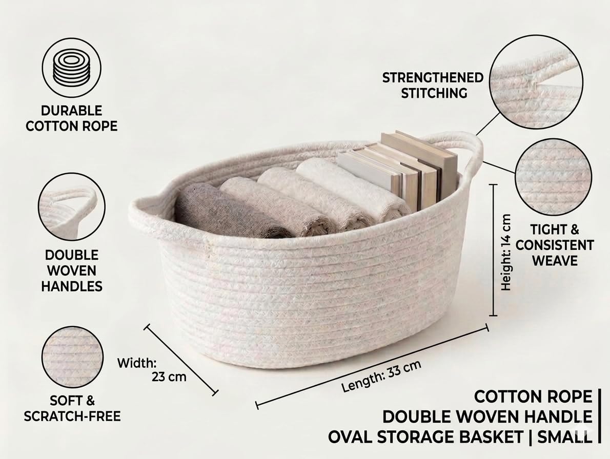 Double-Handle Woven Storage Basket – Nordic Style Cotton Rope Organizer Bin for Snacks, Toys, Clothes & Home Décor – 33x23x14cm (White)