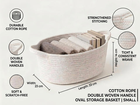 Double-Handle Woven Storage Basket – Nordic Style Cotton Rope Organizer Bin for Snacks, Toys, Clothes & Home Décor – 33x23x14cm (White)