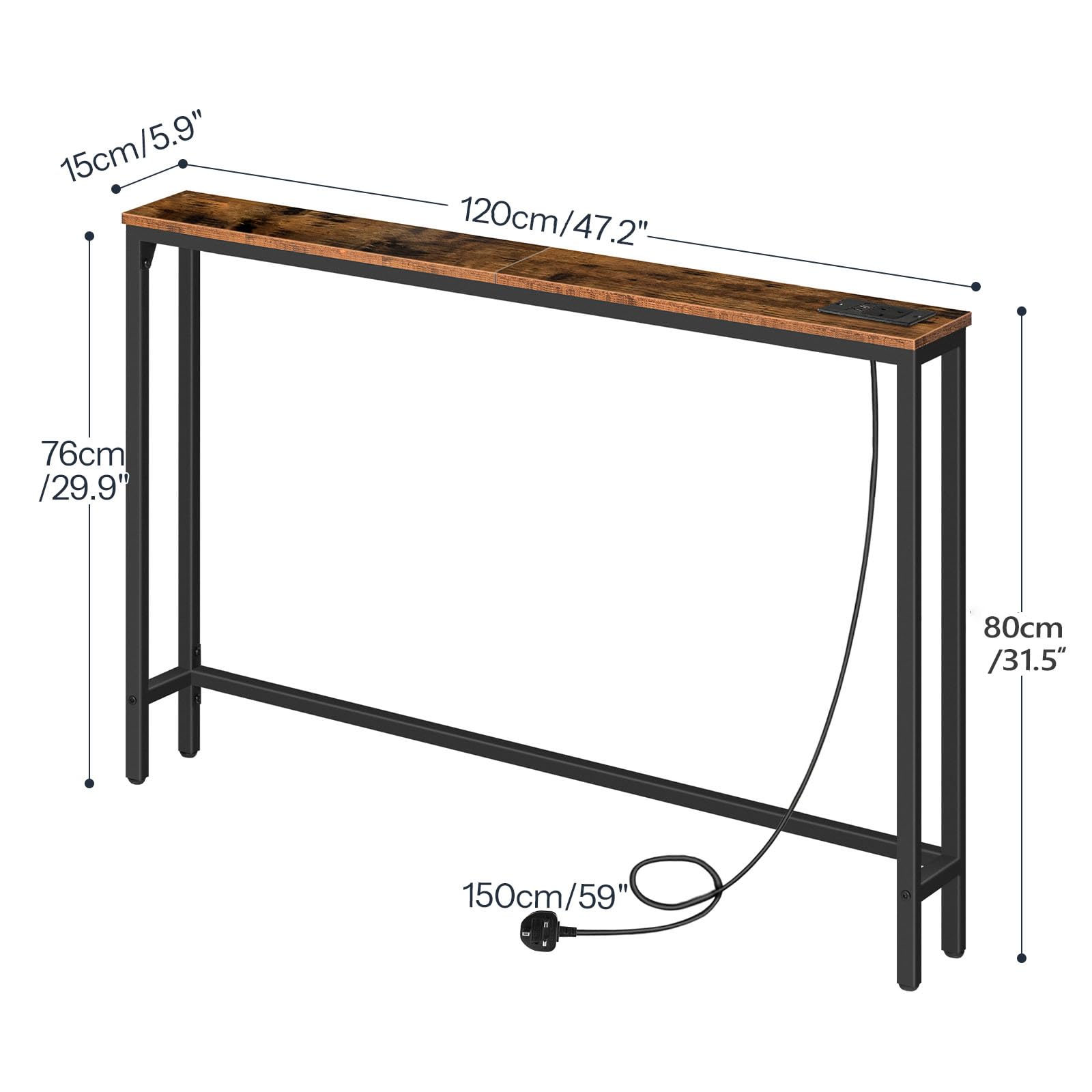 HOOBRO Console Table with Charging Station, 120 cm Slim Console Table for Hallway, Behind Sofa Table, for Entryway, Living Room, Small Spaces
