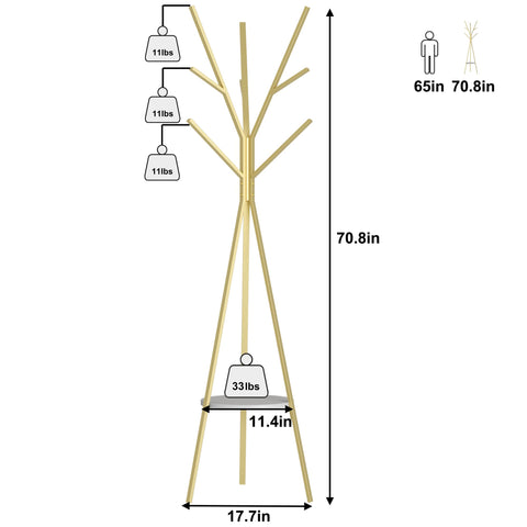 HOME BI Coat Rack Stand, Entryway Standing Coat Tree,Hat Stand Coat Hanger with 9 Hooks for Holding Jacket, Handbag, Clothes, Hats, and Scarves, Gold