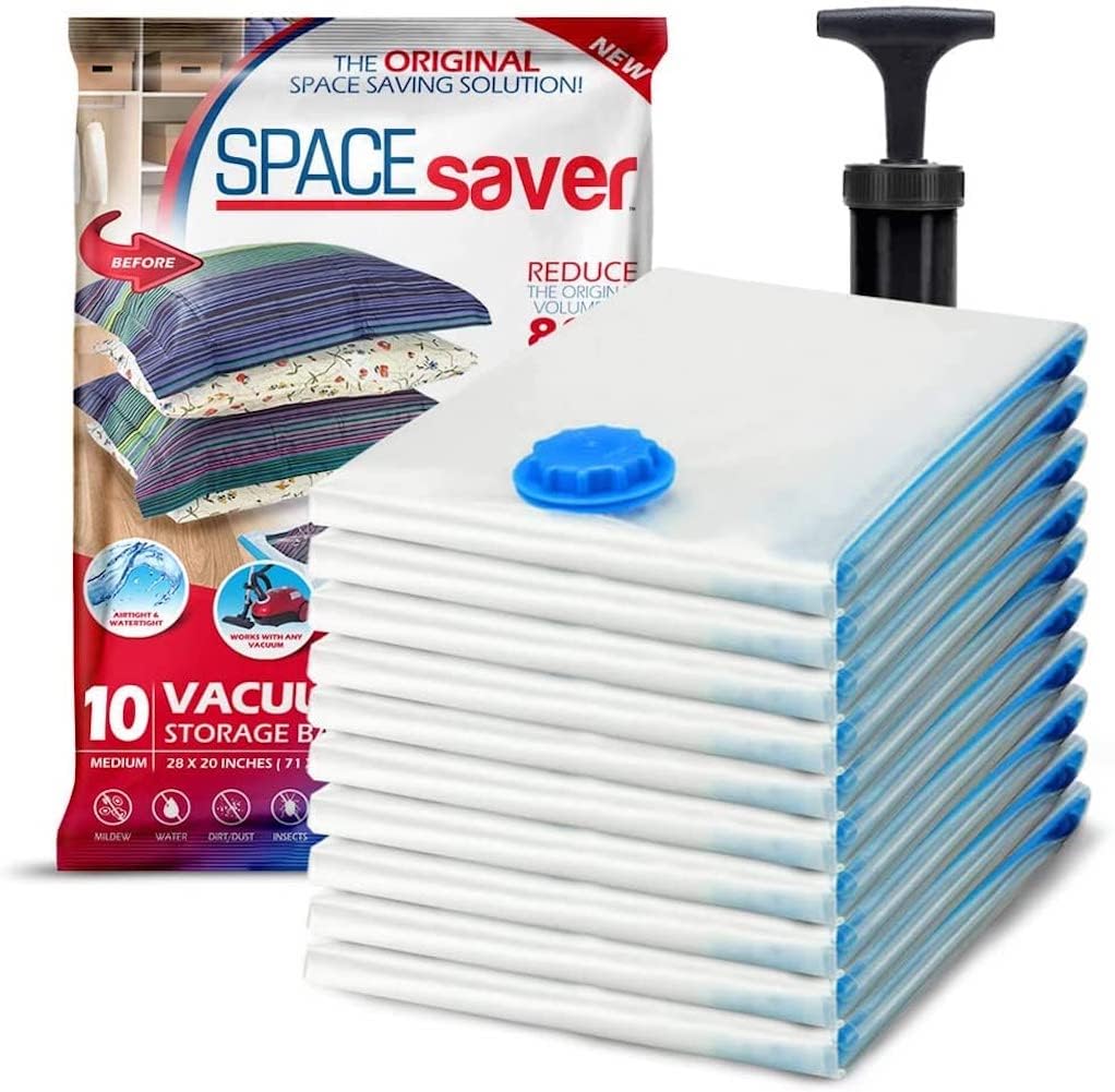 SpaceSaver Vacuum Storage Bags - Medium 10-Pack with Pump - Space Saving Compression Bags for Clothes, Bedding, and Linens