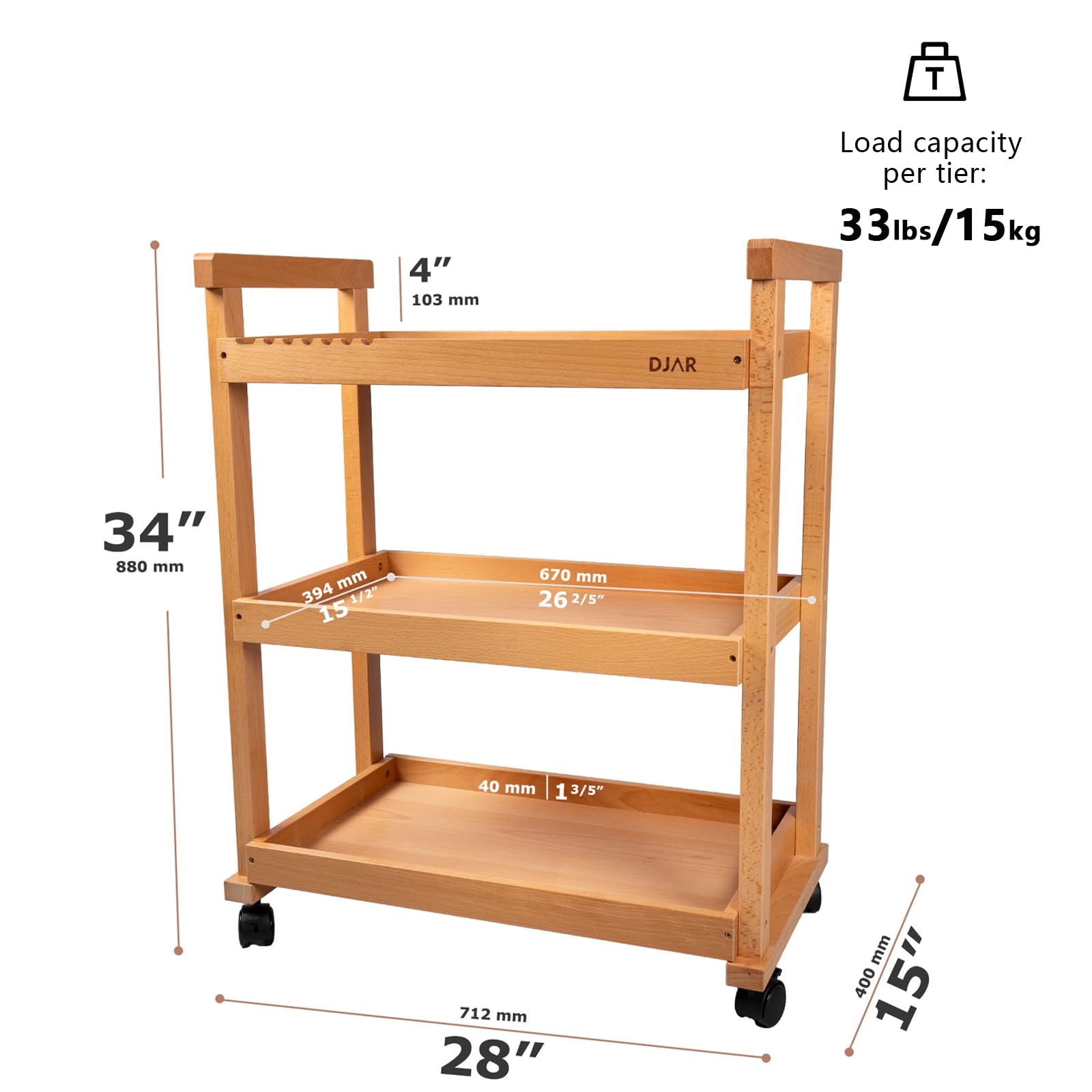 DJAR Rolling Art Cart, Solid Beech Wood Utility Cart with Caster Wheels, for Adults, Artists (Natural, Basic)