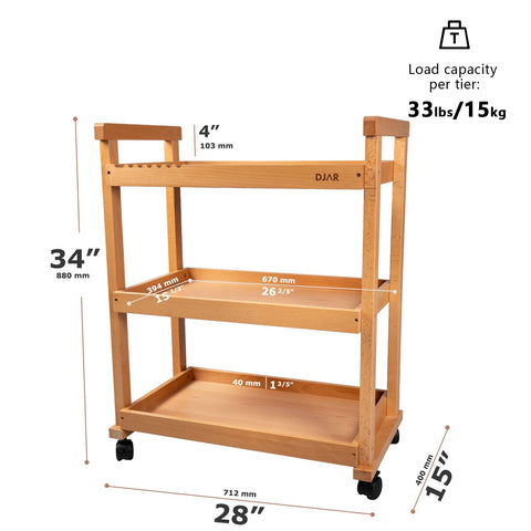 DJAR Rolling Art Cart, Solid Beech Wood Utility Cart with Caster Wheels, for Adults, Artists (Natural, Basic)