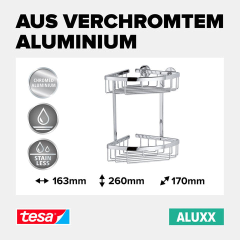 tesa Aluxx Bathroom Corner Shelf, high Gloss Chromed Aluminum, self-Adhesive, Adhesive mounting Technology, 260mm x 163mm x 170mm