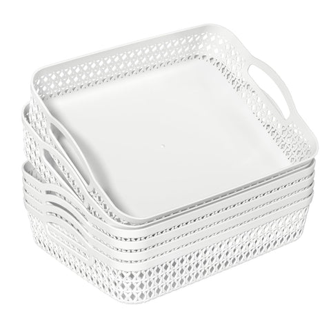Tyminin 6-Pack Large Storage Basket Tray with Handle, Plastic Desktop Storage Basket Tray, White