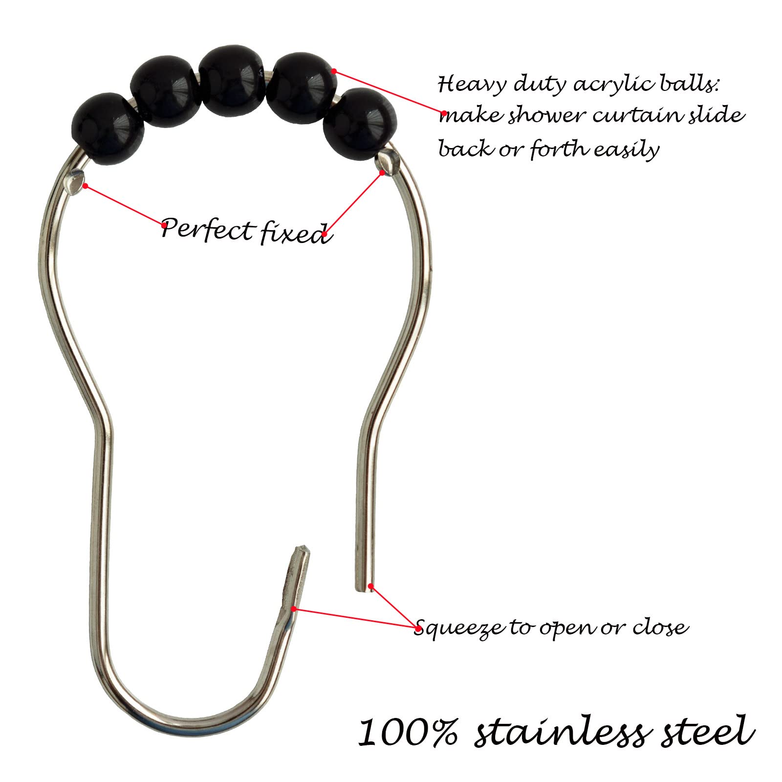 Shower Curtain Hooks Rings Stainless Steel Shower Hooks Black Acrylic roller Balls Rustproof Heavy Duty for Bathroom Curtain(Black)