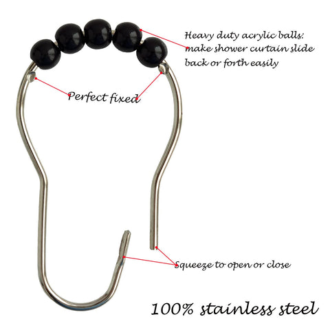 Shower Curtain Hooks Rings Stainless Steel Shower Hooks Black Acrylic roller Balls Rustproof Heavy Duty for Bathroom Curtain(Black)
