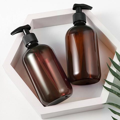 2 Packs Plastic Pump Bottle Dispenser 500ml(17oz), Refillable Soap Dispensers for Bathroom, Kitchen, Amber Shampoo Dispenser Shower Gel Dispenser